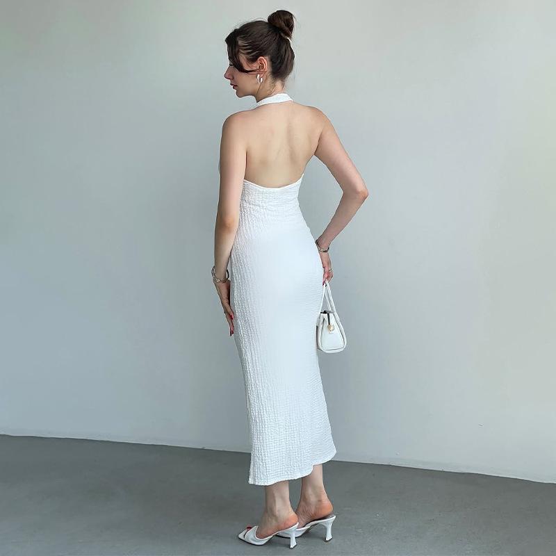 2025 Herbst Damen Einfarbig Ärmellos Neckholder Rückenfrei Bodycon Kleid
