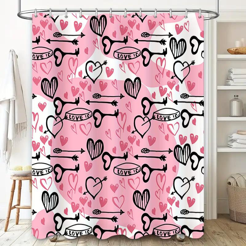 Pink Love Heart Shower Curtain Decorative Bathroom Rug Waterproof Washable Polyester Printed with Bow Arrow Key Design (One Size