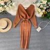 Women Shiny Knitted Dress Sexy V Neck Puff Sleeve Elastic Sheath Knitting Dress Autumn Solid Bow Sashes Pencil Dress