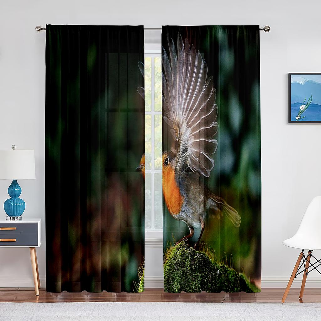 Cortina transparente de beija-flores e flores de primavera para sala de estar, quarto, decoração para casa, suprimentos para janelas, cortinas de tule de chiffon estampadas