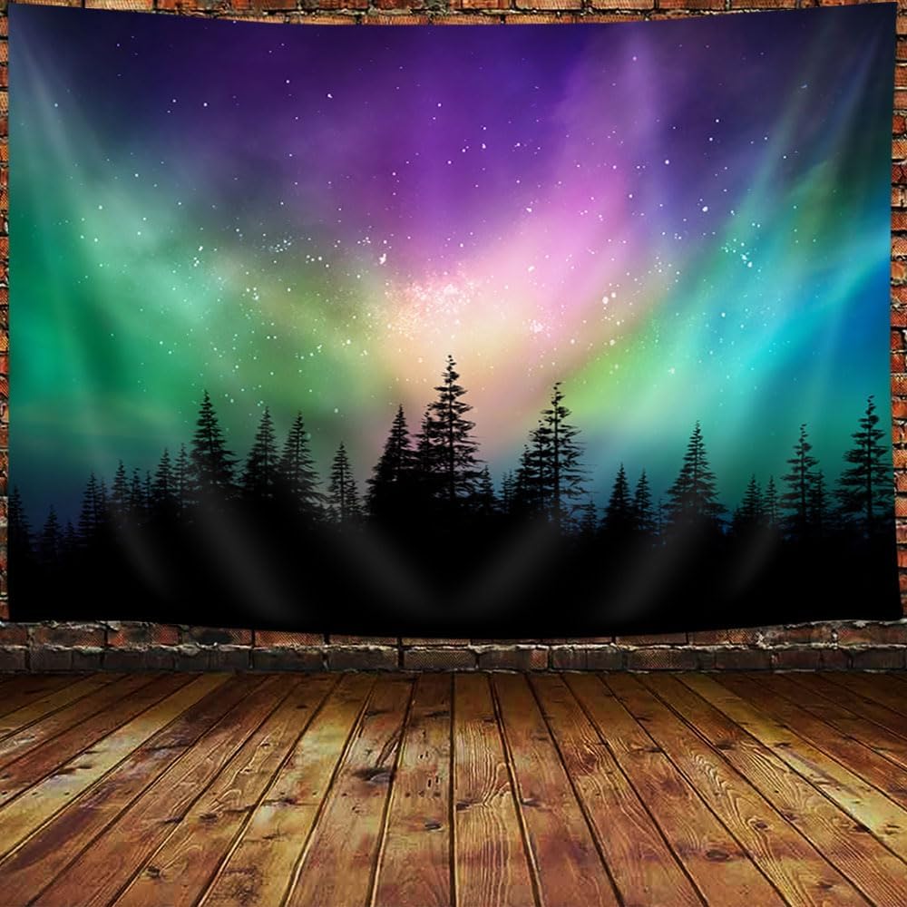 Aurora Borealis Tapestry, Purple Green Northern Lights Aurora Borealis Misty Forest Tapestry Northern Lights Tapestry, Northern