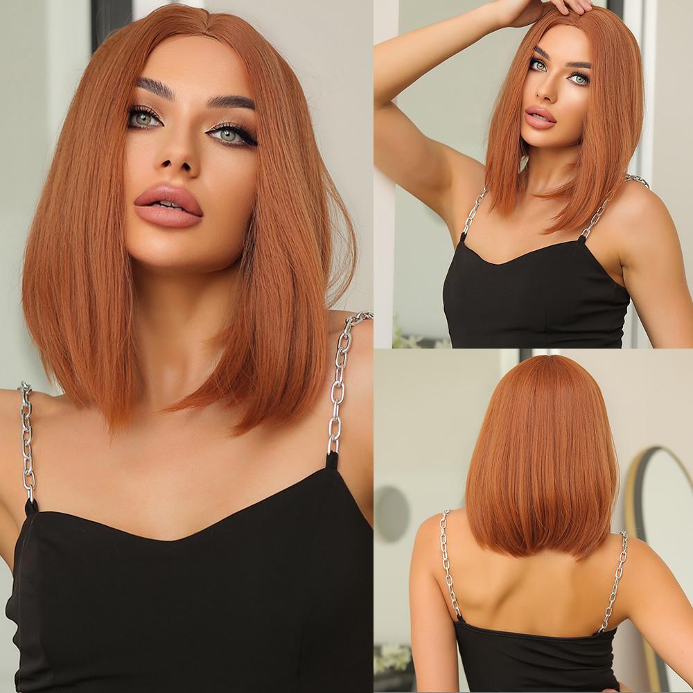 LOUIS FERRE Short Ash Brown Hair Wig for Women Synthetic Ombre Brown Straight Wigs With Bangs Shoulder Length Brown Natural Hair