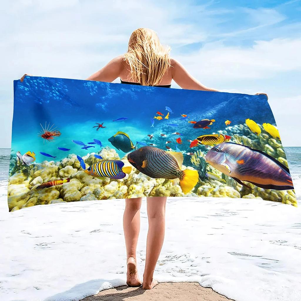 Sea World Beach Towel Cute Fish Bath Towel Polyester Ocean Coral Towels for Sport Spa Swim Yoga Travel Quick Dry Bikini Cover Up