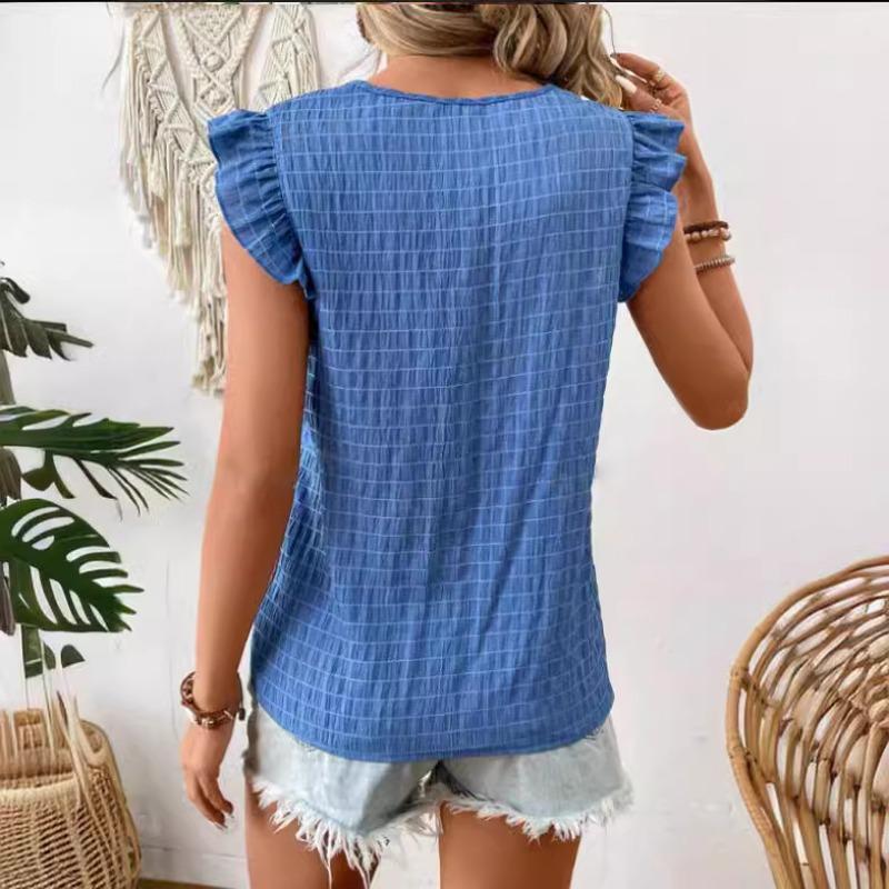 New Summer Tops Solid V-neck Flying Sleeve Casual Shirt Women Elegant Slim Fit Vintage Fashion Blouses Women Simple Blue Ladies Pullover Blouse 26544