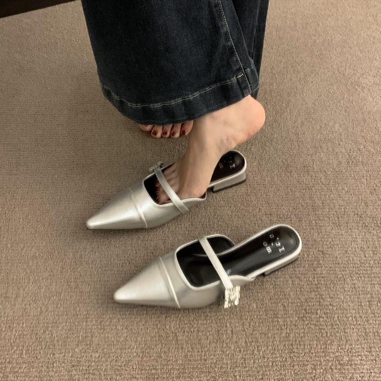 2025 spring and autumn new thick heel bag head half slippers outer wear women's shoes one pedal pointed Mary Jane silver shoes