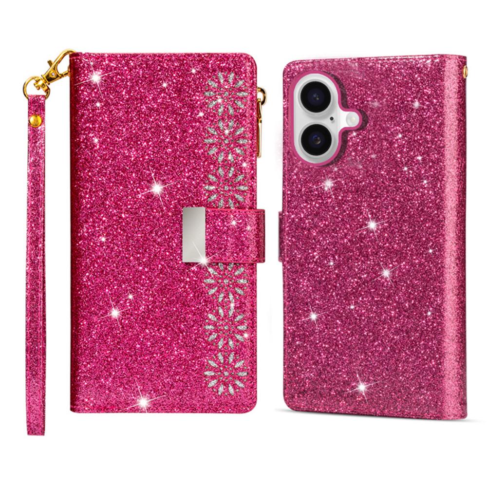 

For iPhone 17 Case Starry Sky Carving Leather Wallet Phone Cover with Wrist Strap Rose