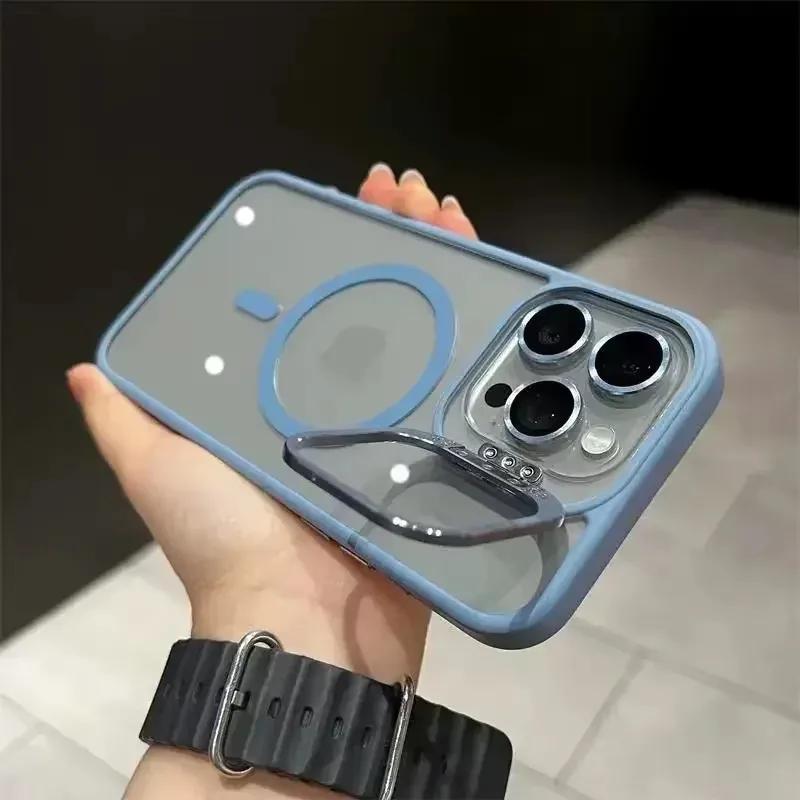 Metal Ring Lens Stand Protector Magnetic Phone Case for IPhone 17 16 15 12 13 14 11 Pro Max for Magsafe with Glass Lens Cover