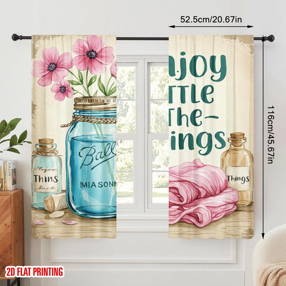 2pcs 2D flat printing Curtain Enjoy Little Things 100% Polyester Without Electricity Festive Wall Decor Perfect for Indoor