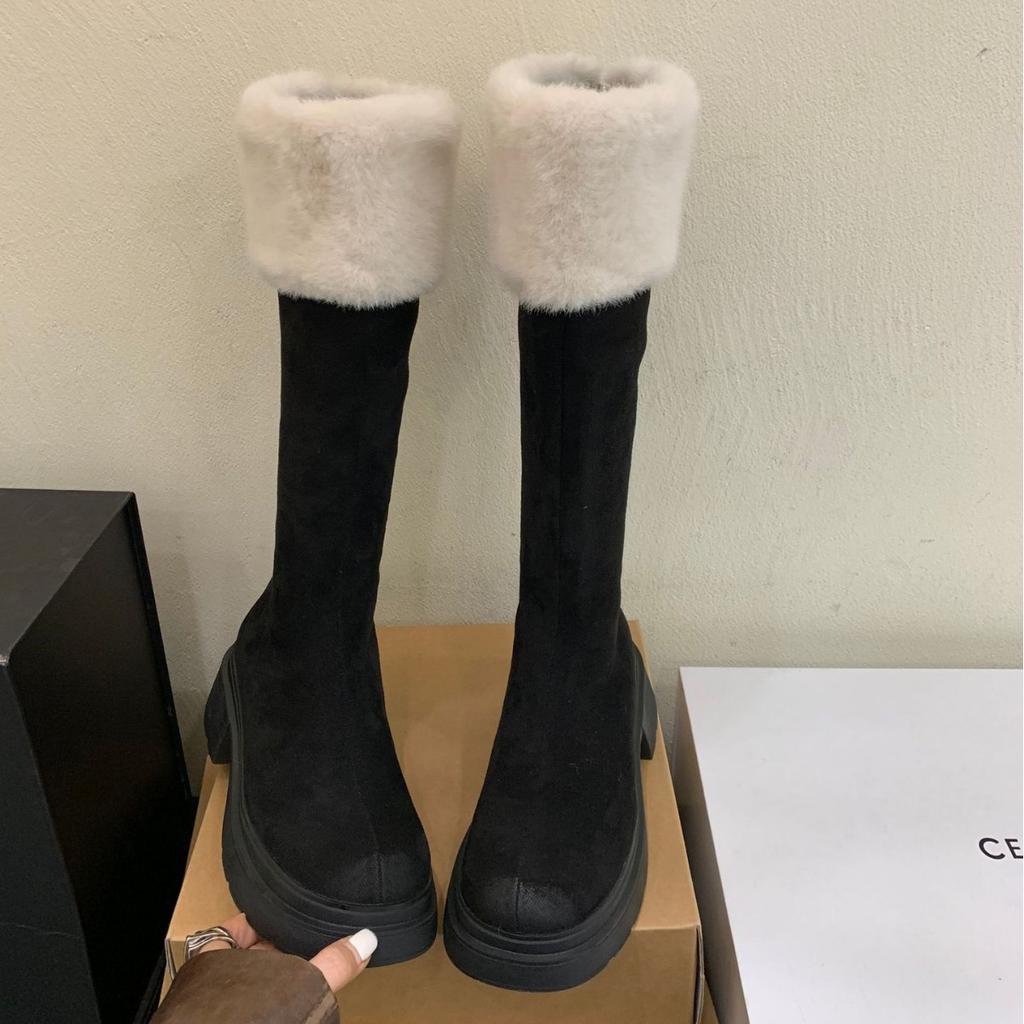 2025 autumn and winter new round head suede rear zipper thick heel tall tube Martin warm snow female knight boots