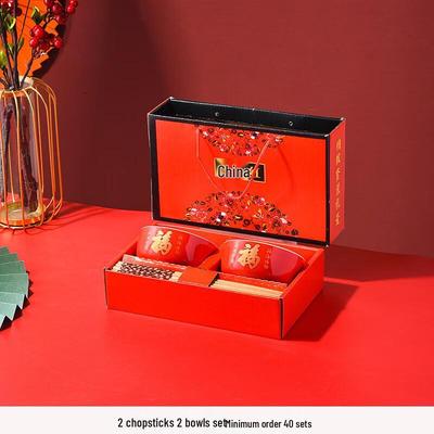 Chinese Red Ceramic Bowl & Chopsticks Gift Set