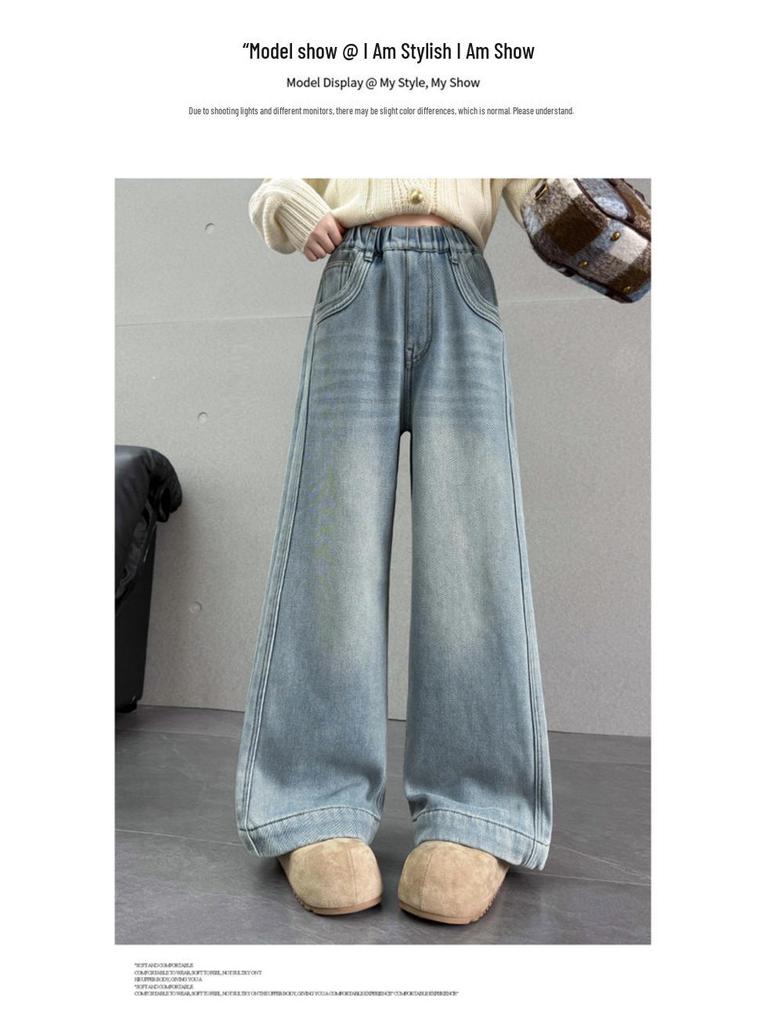 Jeans Larghi alla Moda per Ragazze, Coreani Primavera/Autunno 2026, Pantaloni Casual a Gamba Dritta per Bambini di Taglia Media e Grande