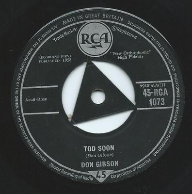7palcová deska DON GIBSON - Too Soon 45RCA1073 RCA 1958 UK Rock Použitá