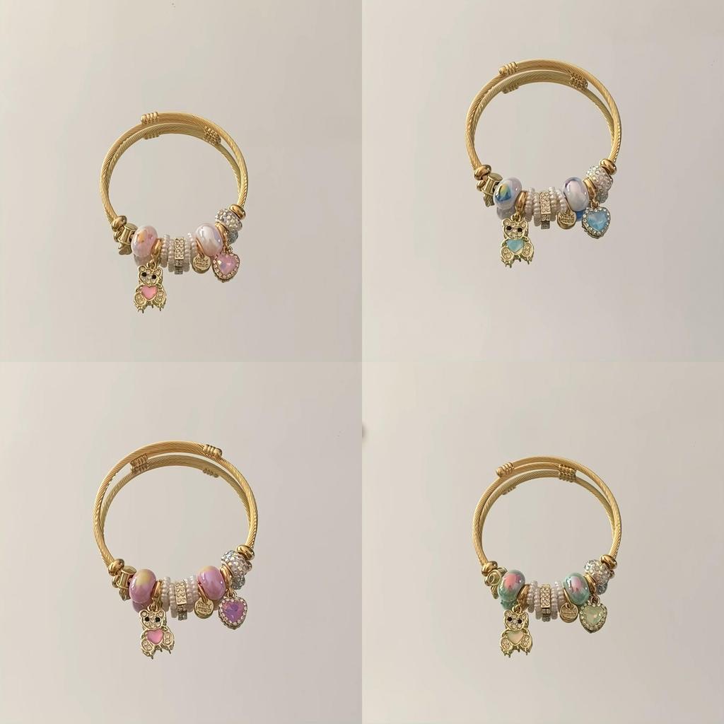 Stainless Steel Bracelet With Water Diamond Heart Bear Pendant For Women Girls Gift
