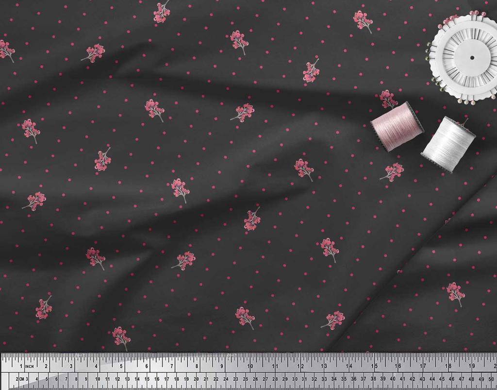 Soimoi Black Japan Crepe Satin Fabric Berries & Dots Print Fabric by Metre 42 Inch