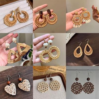 Bohemian Bamboo Rattan Seashell Tassel Earrings for Women