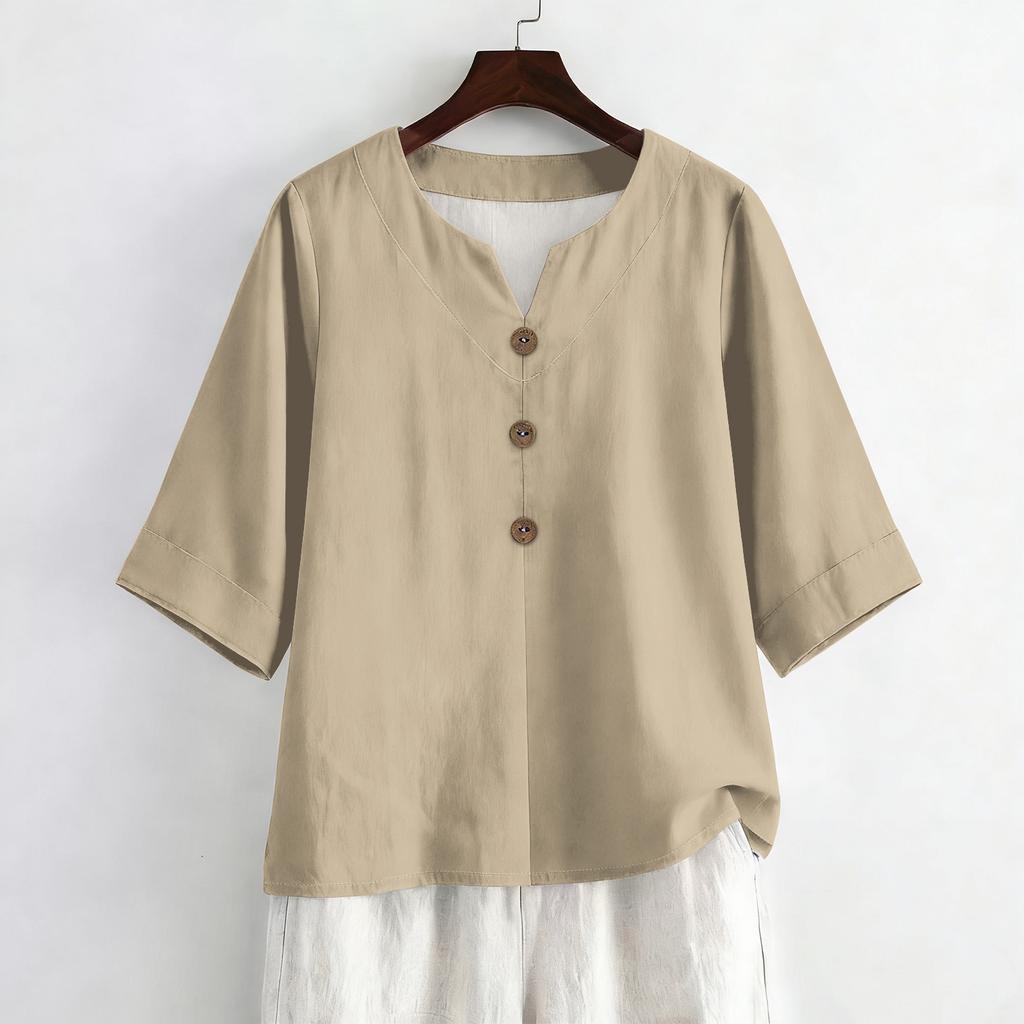 Women's Summer Fashion V-Neck 3/4 Sleeve Linen Shirt - Casual Loose-Fit Top