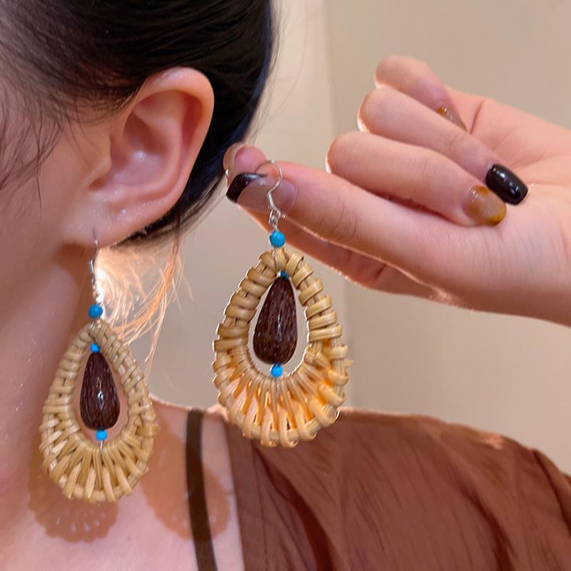Ethnic style rattan water drop shaped ear hook women's retro design earrings autumn and winter earrings