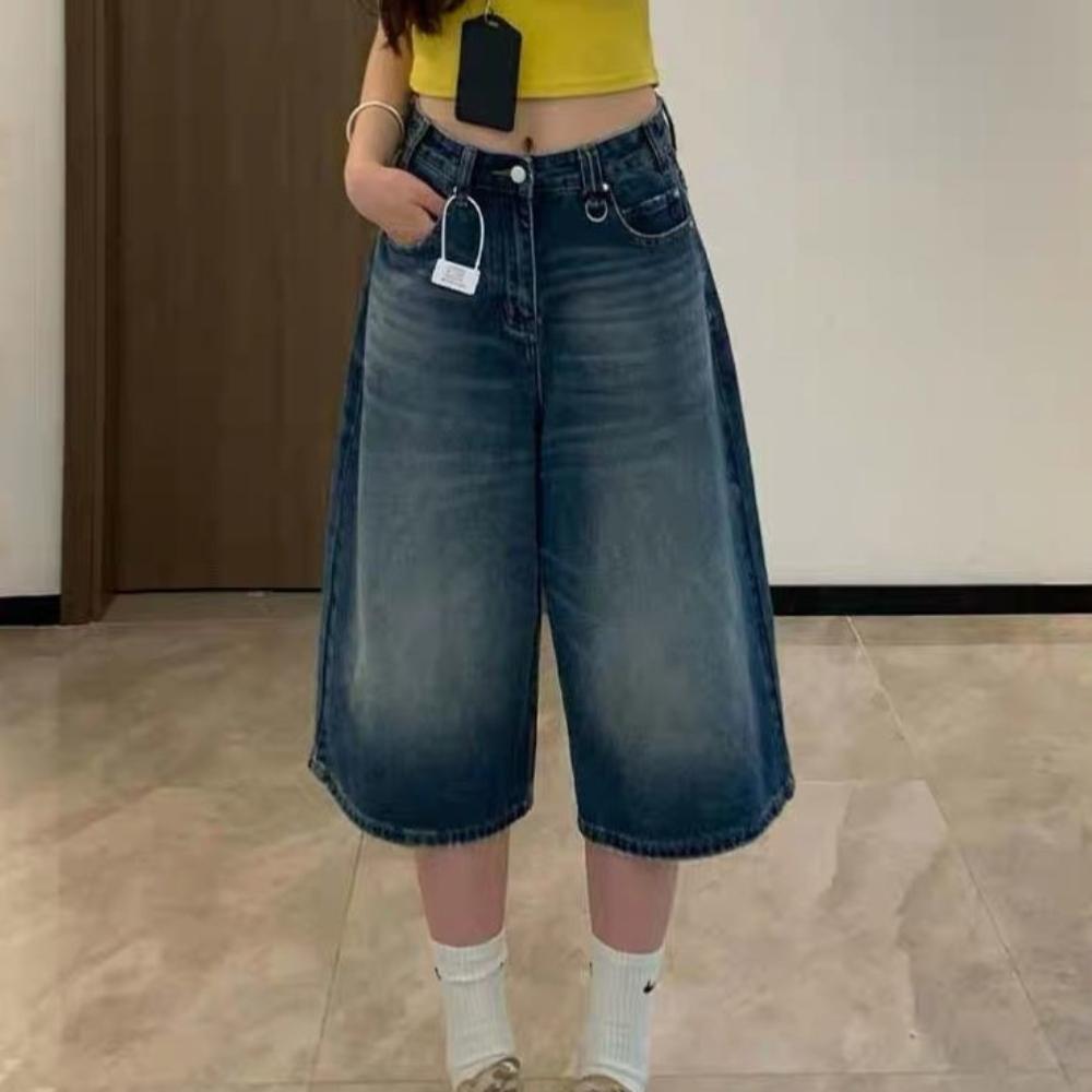 Bermuda in Denim a Vita Alta Gamba Larga da Donna Jeans Cropped Larghi Lavaggio Vintage per Estate Casual Streetwear