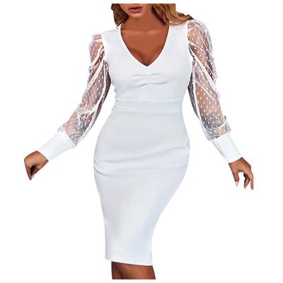 Women's Fashion Casual Sexy Soild V-Neck Mesh Long Sleeve  Split Dress