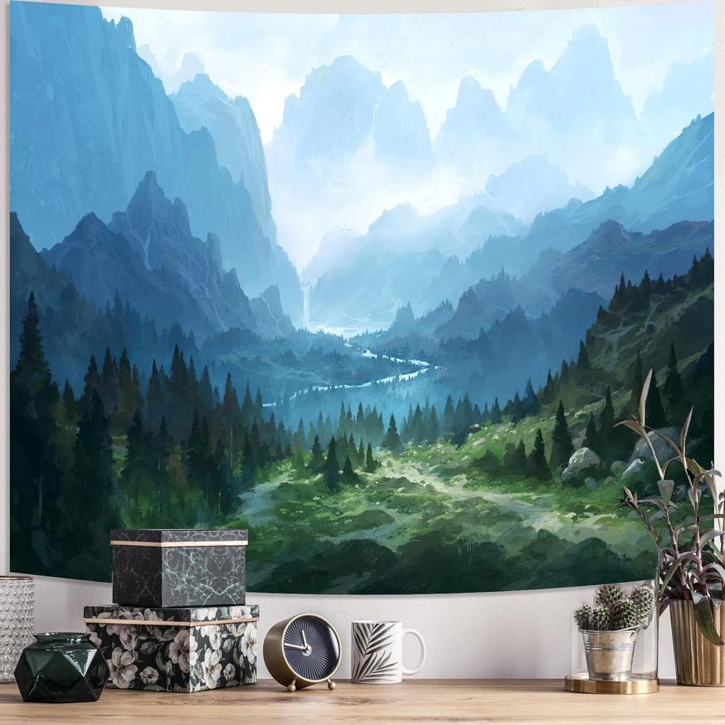 Atrippy Forest Nature Tapestry for Bedroom, Green Misty Foggy Mountain Sage Trees Wall Tapestry