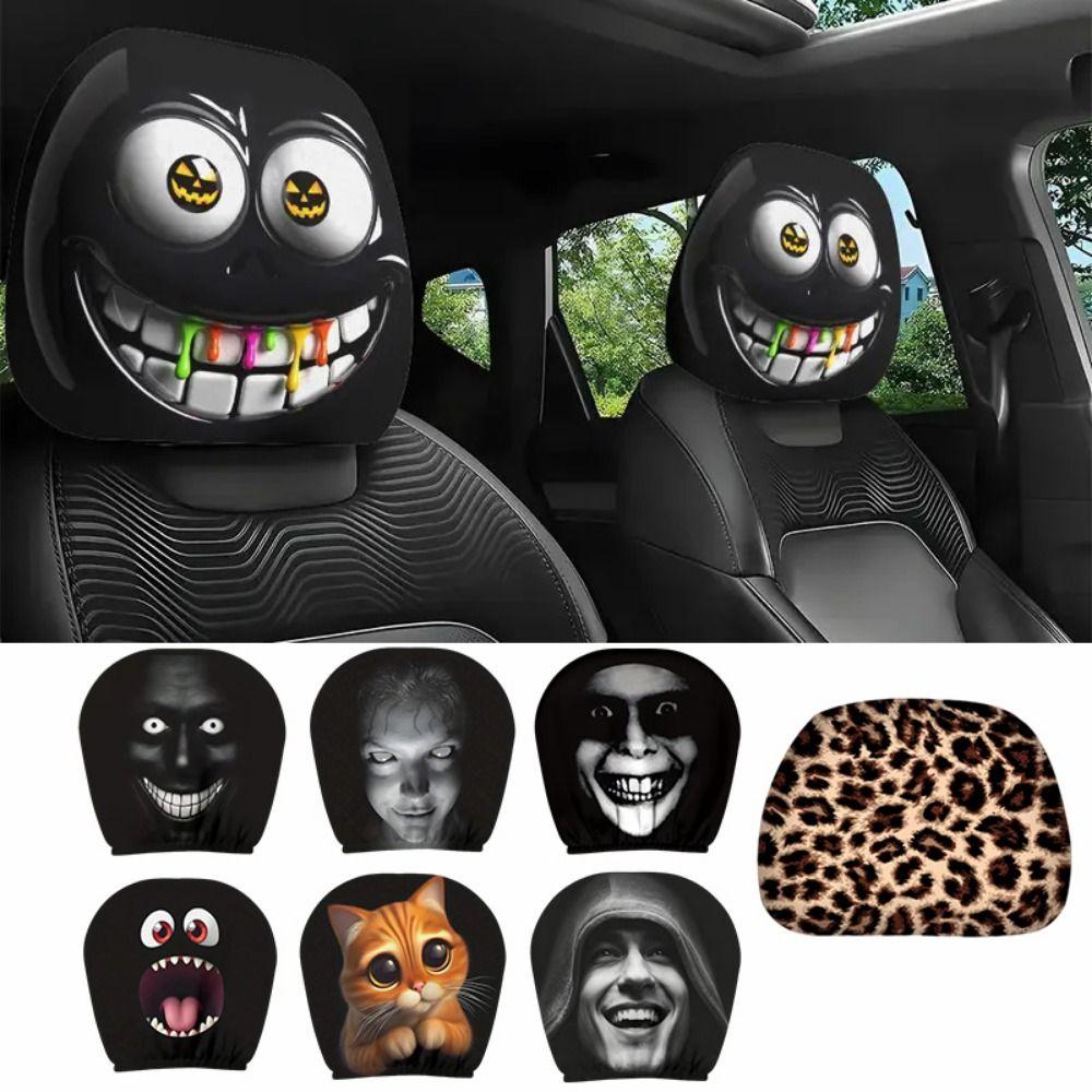 2Pcs Funny Face Expressions Car Pillowcase Exaggerated Car Seat Headcover Automobile Interior