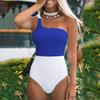 Women Swimwear Block Color One-Piece Swimsuit One Shoulder Bowknot Bathing Suit