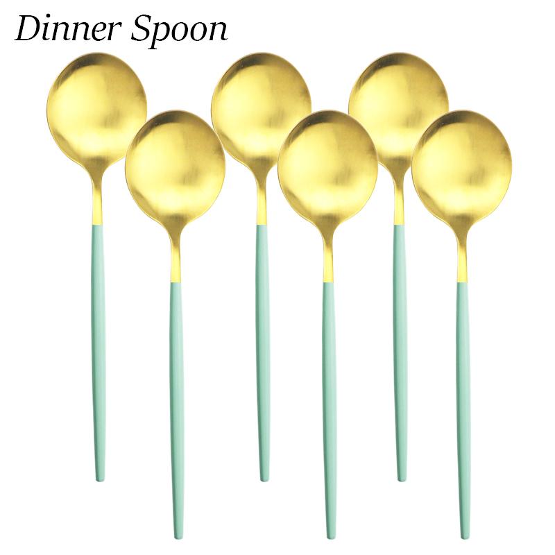 

Набор столовых приборов из нержавеющей стали, золотой, зеленый, набор столовой посуды, обеденный нож, вилки, ложка, зеркало, набор столовых приборов, кухонная посуда для семейного отеля 6pcs Dinner Spoon