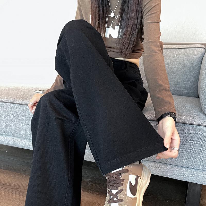 Women's Black Fleece-Lined High Waist Cargo Pants - Autumn/Winter, Slim-Fit, Straight-Wide Leg