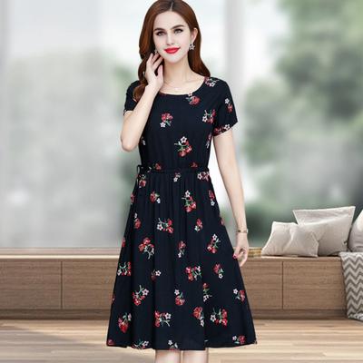 Damen Sommerkleid mit Blumendruck, Boho-Stil, kurzärmelig, Rundhalsausschnitt, Midikleid mit Kordelzug in der Taille, fließendes A-Linien-Strandkleid