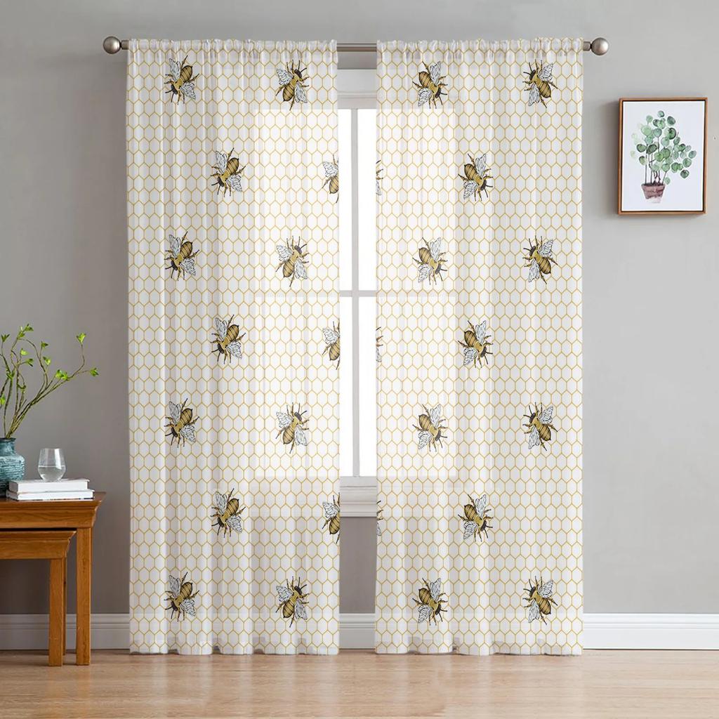 Bee Insect Golden Yellow Transparent Drapes for Bed Chamber Living Room Ornamentation Window Panel Curtain for Cooking Area Tulle Sheer Fabric