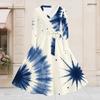 Women Plus Size V Neck Long Sleeve Blue White Printed Denim Patchwork A Line Dress With Belt