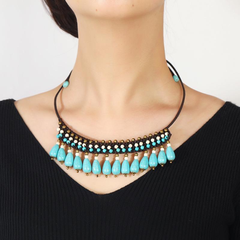Ethnic Style Collar Water Drop Turquoise Tassel Female Retro Personality Bohemian Collarbone Chain Woven Necklace
