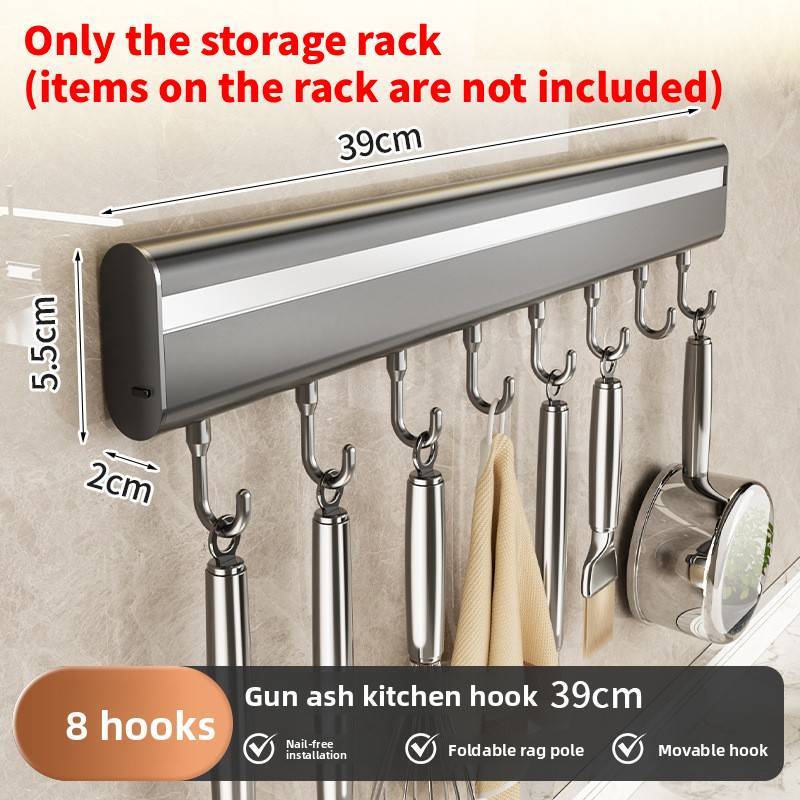 Aluminum Alloy Kitchen Wall Mount Rack With Hooks For Utensils And Cookware Storage
