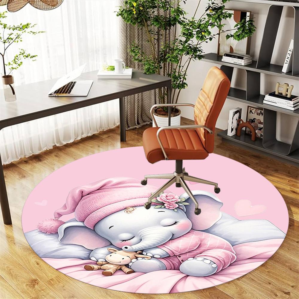 1PC Elephant Pink Cute Round Chair Mat Area Rug - Non-Slip, Floor Mat for Office, Bedroom, Home Decor Christmas Gift C0528006