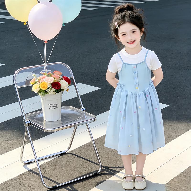 Girls Summer Sweet Princess Dress Medium Large Kids Short Sleeve Fake Two Piece Mesh Midi Dress