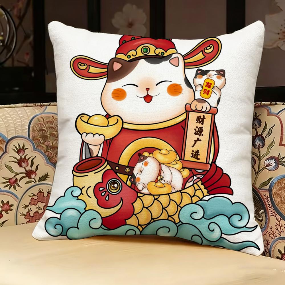 Rich Luck Money Cat Pillow Case Pillowcase, Double-Sided Printed, Sofa Cushion, Bedroom Headboard Pillow