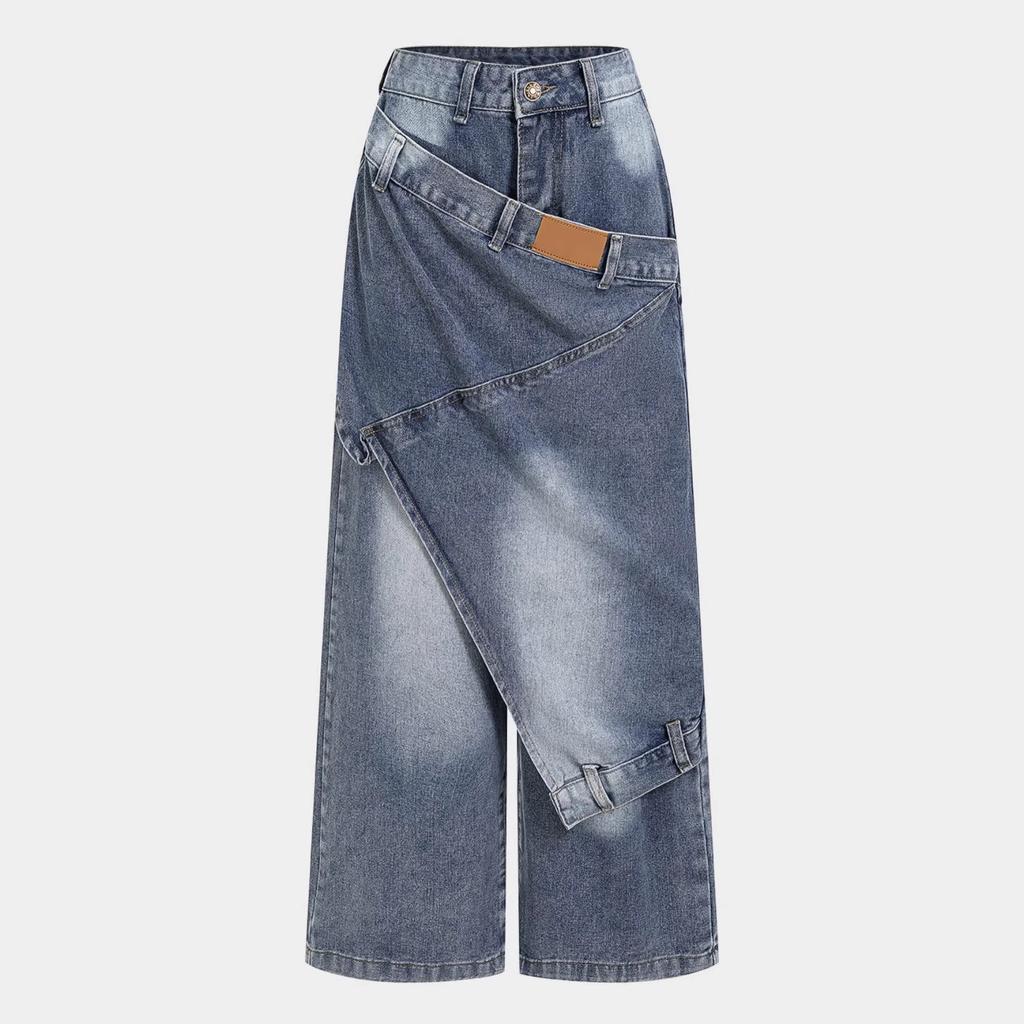 Damskie Jeansy Streetwear z Denimu z Asymetrycznym Zapinaniem i Prostymi Nogawkami, Stan Średni