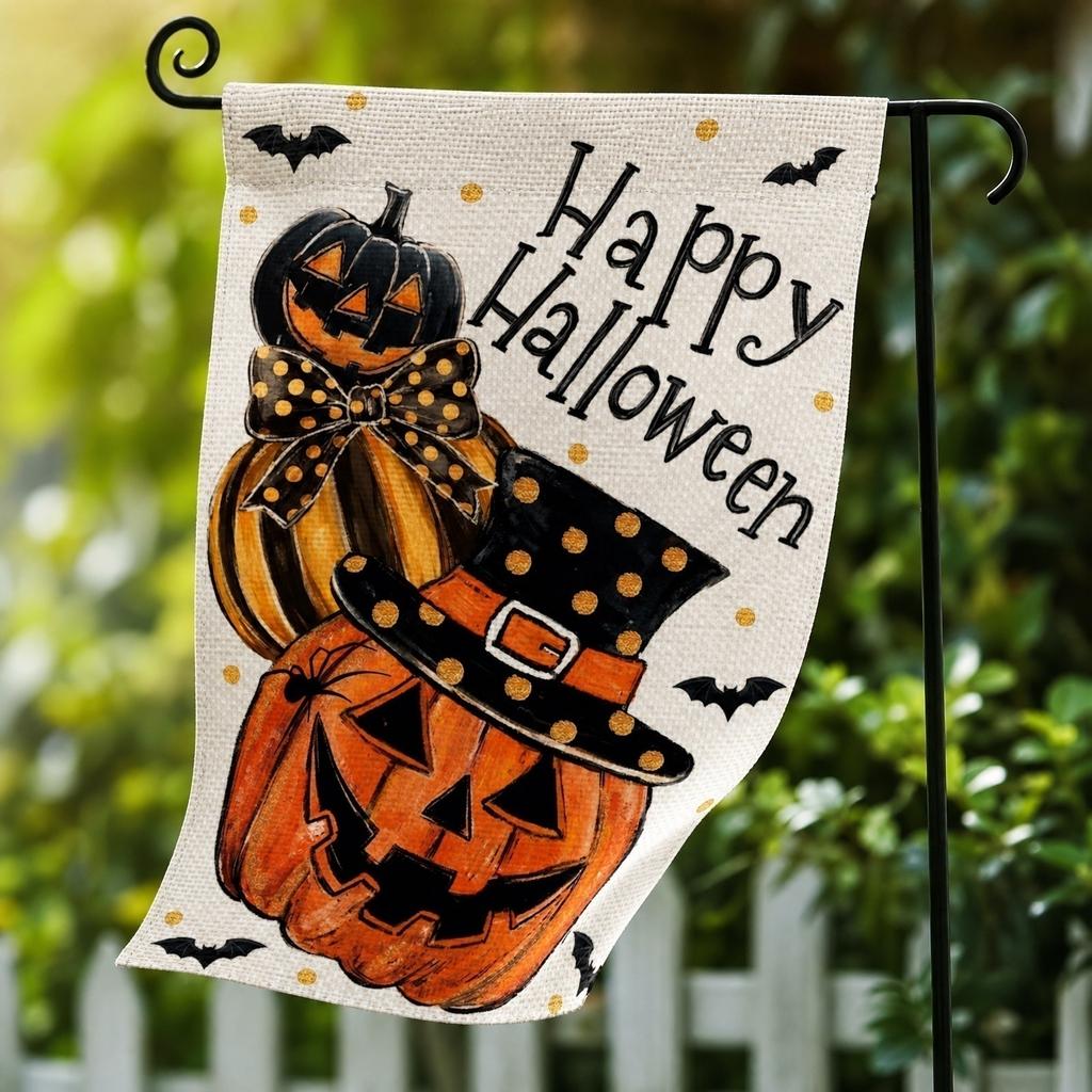 Halloween Decorative Garden Flag Trick or Treat Design with Pumpkins Spider Webs and Bats for Outdoor Yard Display 45x30cm