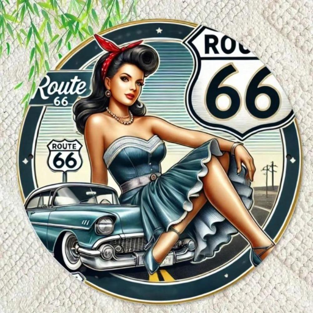 Vintage Route 66 Pin Up Girl Rustic Metal Wall Art Round Iron Sign Home Bar Decor