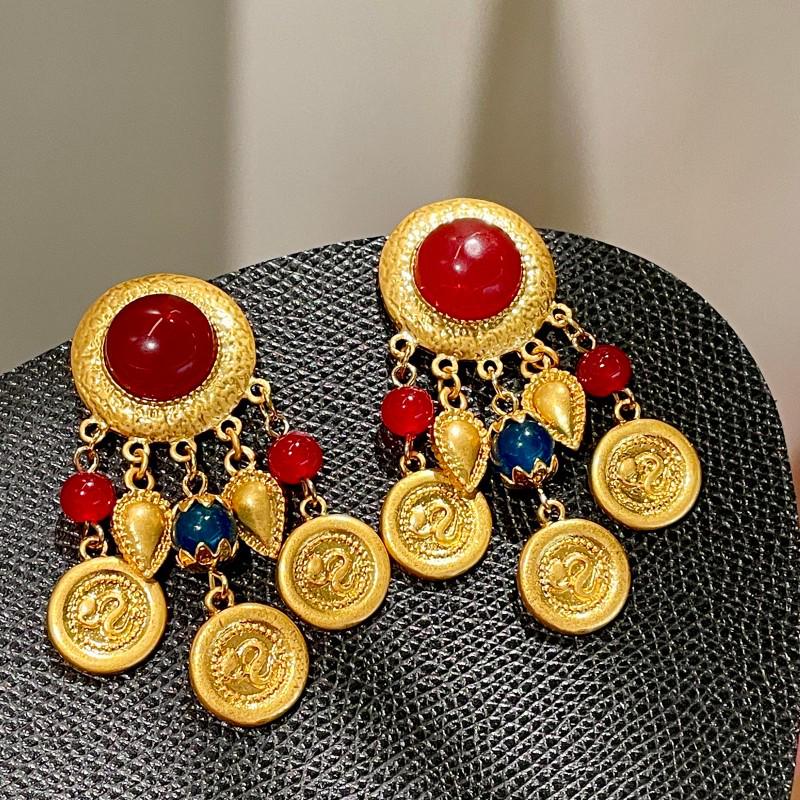 Vintage Retro Colorful Crystal Tassel Earrings with Heart and Coin Pendants for Women