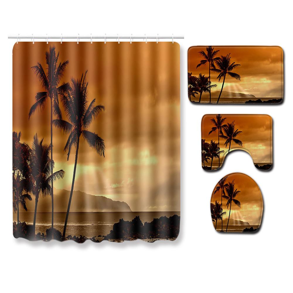 Landscape Shower Curtain Floor Mat Combination Four-Piece Set Bathroom Toilet Carpet Shower Room Mat Foot Mat