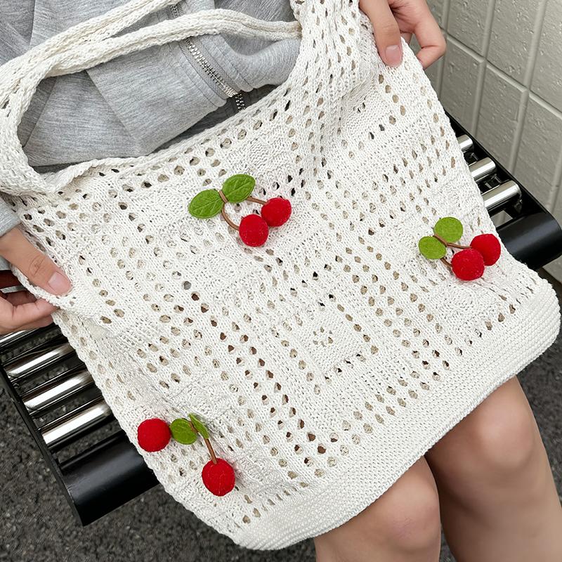 Yogodlns Women Crochet Tote Bag Fashion Knitted Bag Large Capacity Hollow Out Solid Color Woven Shoulder Bag Beach Bag