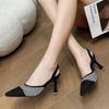 Celebrity Design High Heels Women's 2025 New One-word Strap Black Thousand Bird Grid Back Strap Bag Head Stiletto Sandals