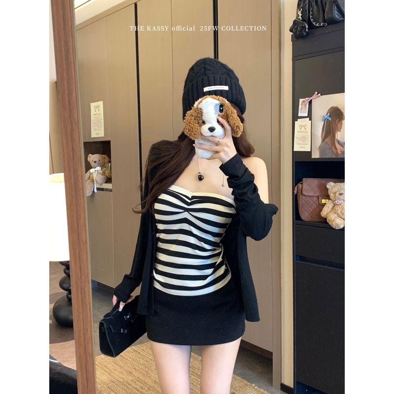 Kumikumi Stylish Thin Black Long Sleeve Cardigan Jacket Women's Clothing Autumn Inner Wear Stripes Tube Top Two-piece Set
