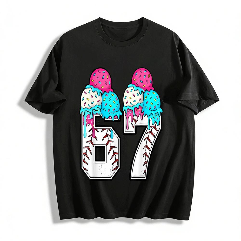 Baseball No.67 Ice Cream Print Casual Short Sleeve T-Shirt Pure cotton T-shirt XXS