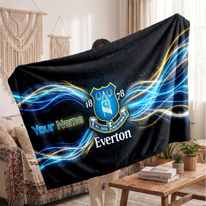 Everton FC Personalized Fleece Blanket With Football Logo, Custom Name Text Soft Warm Home Throw Blanket