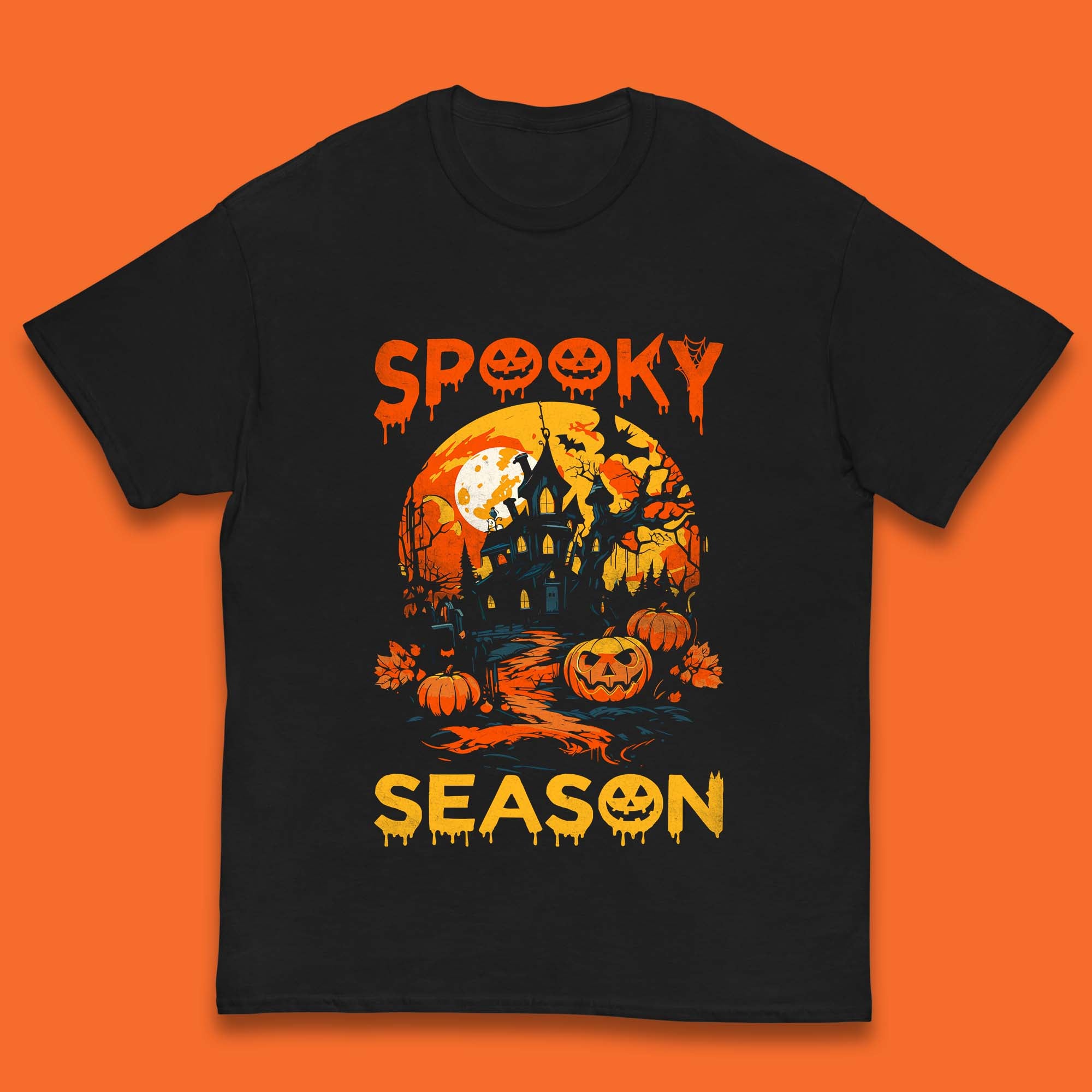 Spooky Season Happy Halloween Full Moon Dark Night Haunted House Kids T Shirt 160
