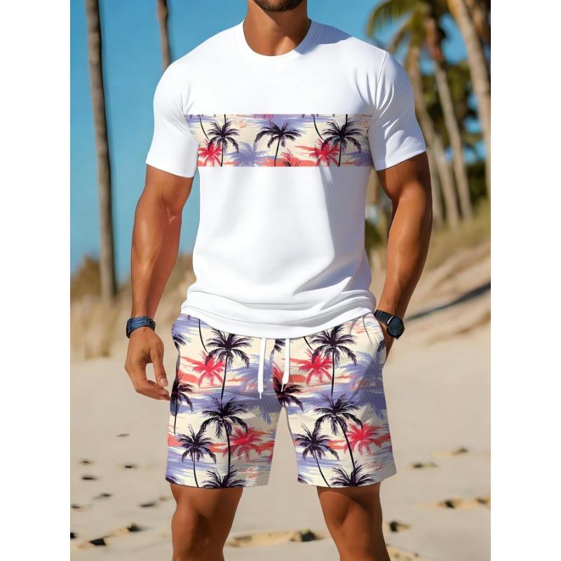 Casual sports suit breathable outdoor leisure men s round neck T-shirt shorts pants suit summer digital printing printing suit for men and adults S