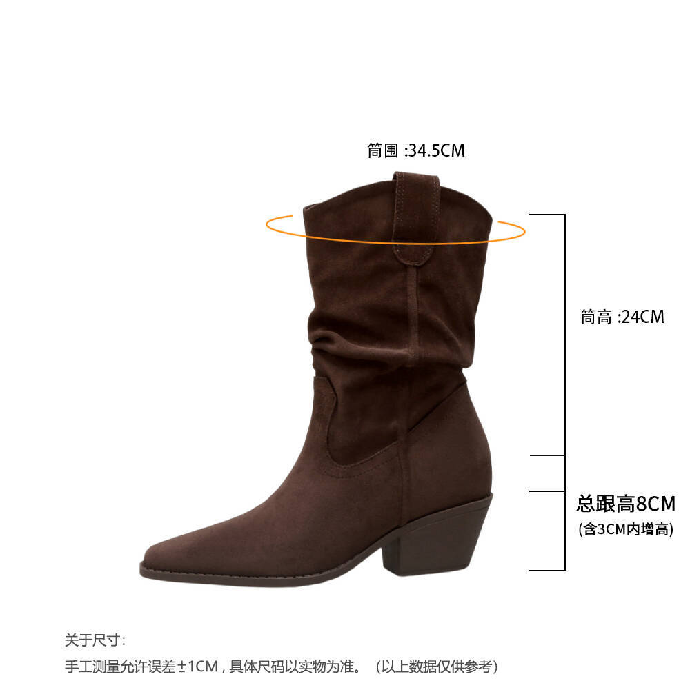 

Pointed Coarse Heel Medium Boots Maillard Vintage Pleated Pile Boots Leather Medium Tube Skinny Western Cowboy Boots Women 39