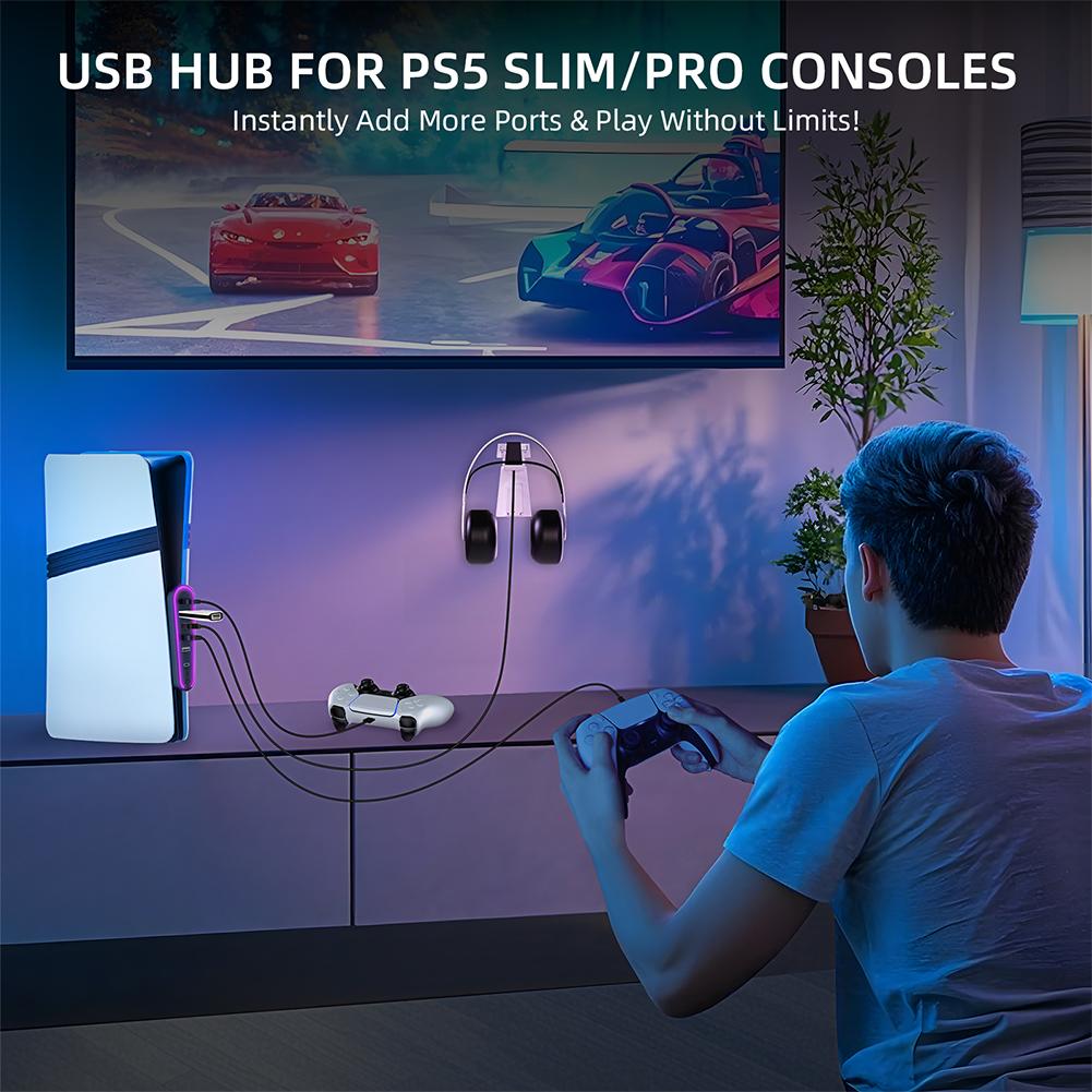 6 Ports Charger Adapter Converter with RGB Light USB Extender Data Transfer Extender for PlayStation 5 Pro/Slim